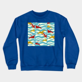 RED YELLOW FLYING CRANES ON WHITE BLUE SEA WAVES Crewneck Sweatshirt